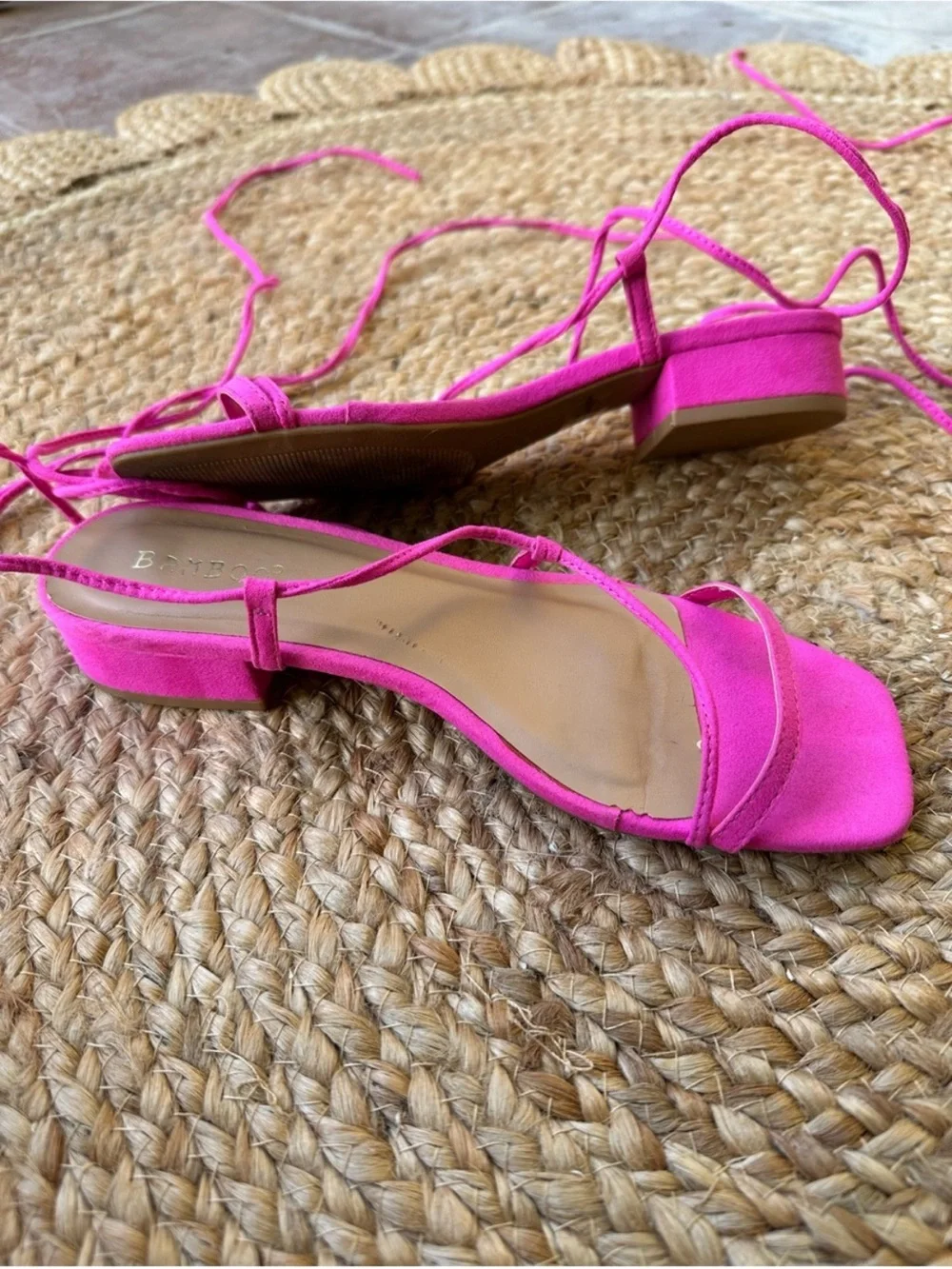 BAMBOO Hot Pink Lace-Up Square Toe Sandals